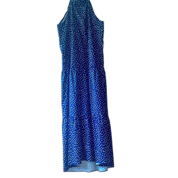 Blue and white polka dot maxi dress